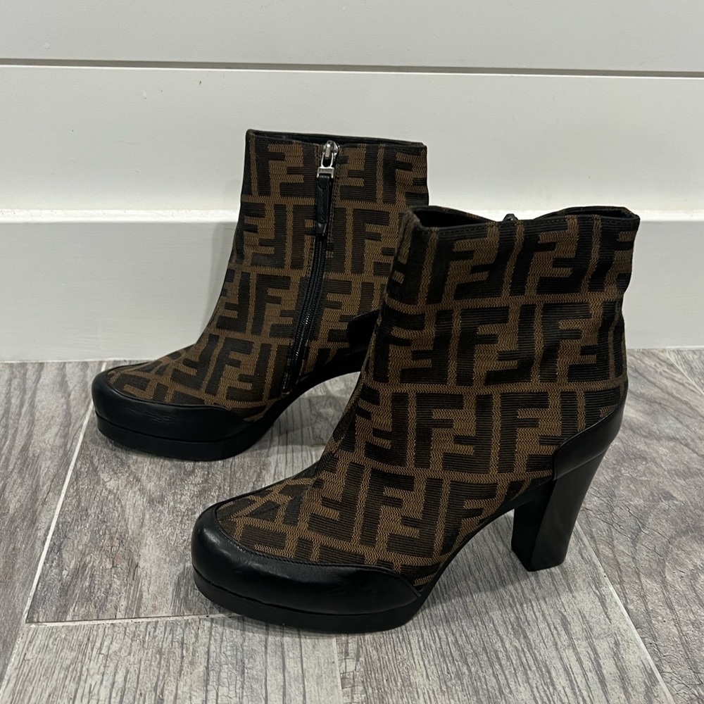 FENDI brown zucca logo heeled ankle boots
